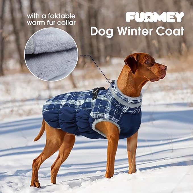 FUAMEY Dog Coat for Large Dogs,Waterproof Dog Winter Jacket with Harness Built in Puppy Cold Weather Coats Reflective Pet Vest with Zipper Warm Fleece Dogs Snowsuit Windproof Blue Plaid L