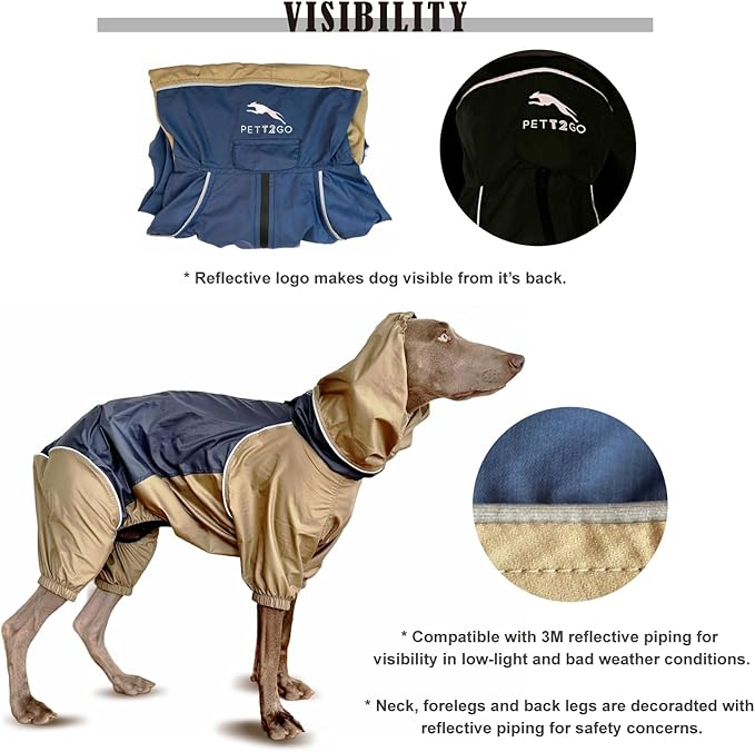 Dog Lightweight Windbreaker, Pet Outdoor Sports Jacket, 0.5 lbs,3 in One, Hooded, Easy on/Off with Collar and Harness, Reflective Piping, Packable, Dog Hiking/Camping, Navy Blue (Medium)