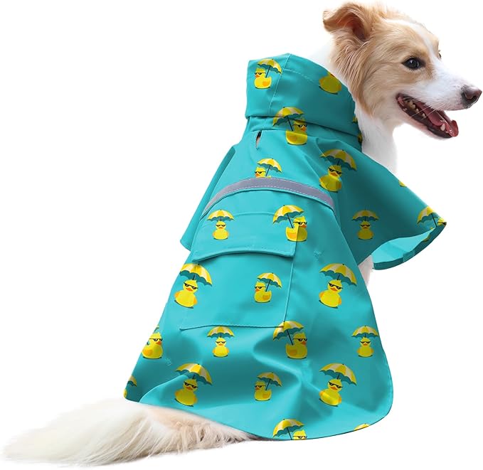 NACOCO Large Dog Raincoat Adjustable - Pet Rubber Ducks Yellow Water Proof Clothes Lightweight Rain Jacket Poncho Hoodies with Strip Reflective Pink (Lake Green 3XL, Sunglass Duck)