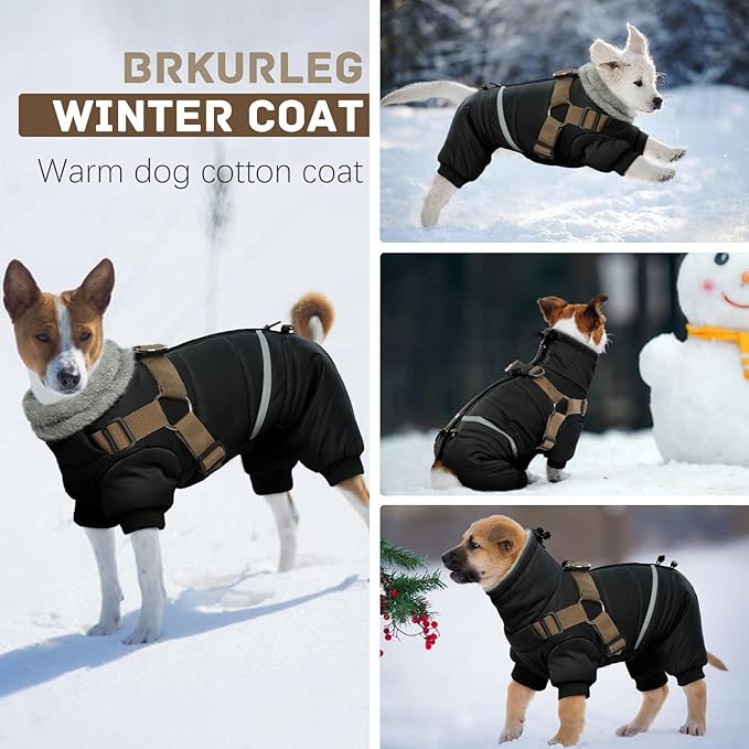 BRKURLEG Black Dog Coat with Harness, Dog Winter Jacket, Dogs Onesie Body Warm Jackets, Small Dogs Winter Coats Reflective Windproof Warm Cold Weather Coats, Pet Waterproof Jacket Hiking L
