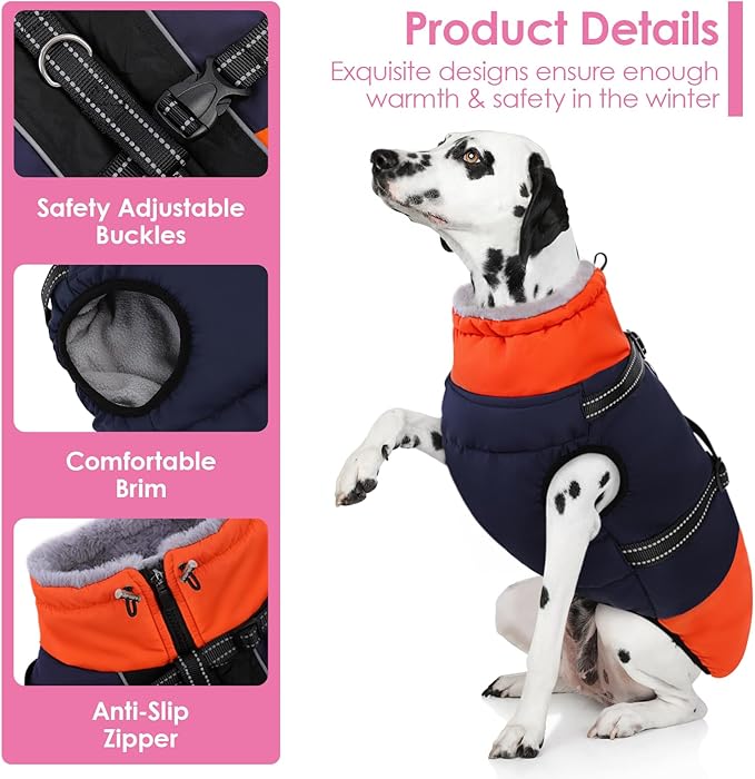 AOFITEE Dog Coat, Warm Dog Jacket with Harness Built-in, Waterproof Medium Dogs Cold Weather Coat with Zipper, Reflective Fleece Lined Pet Snow Jackets for Pug, Jack Russell, Boston Terrier, Blue M