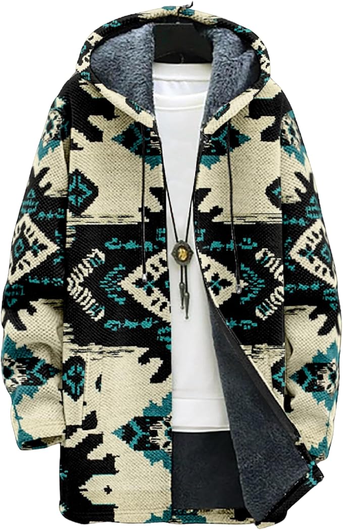 Mens Aztec Print Hoodie Heavyweight Cotton Fleece Jacket Zip Up Warm Long Sleeve Hooded Winter Midi Coat