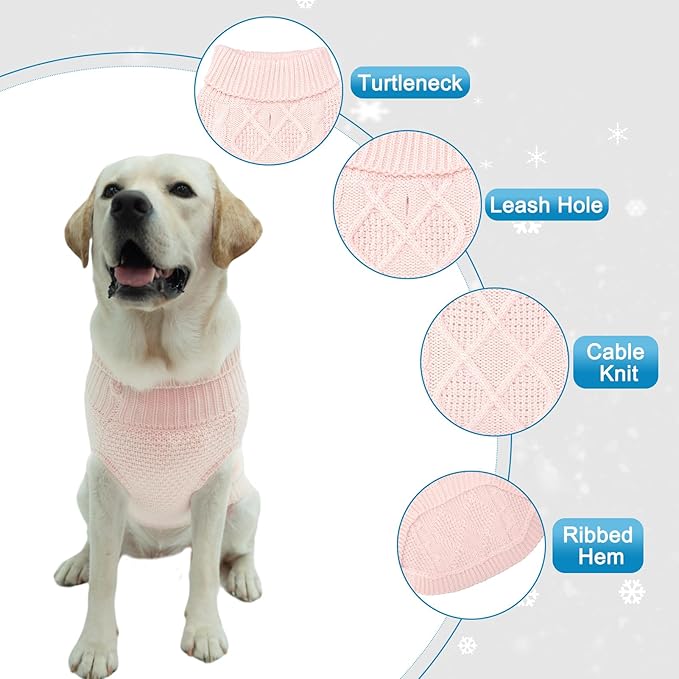 Mihachi Turtleneck Dog Sweater - Winter Coat Apparel Classic Cable Knit Clothes with Leash Hole for Cold Weather, Ideal Gift for Pet in New Year Rosy Large