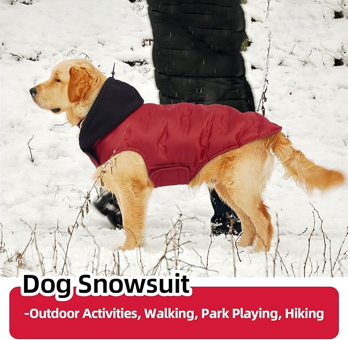 Nanaki Lightweight Dog Down Jacket with Leash Hole-Large Winter Dog Coat Reflective Stripes, Warm Snow Coat with Hood, Windproof Snowsuit for Cold Weather, Puffer Jacket for Outdoor Activities, Red