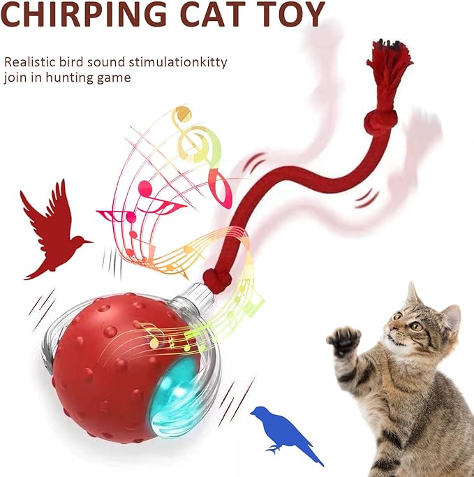 Dog Toy, 360° Rolling Interactive Ball Cat Toy with Realistic Bird Chirping Sounds, Fast Moving Balls Toys for Pets | Automatic Obstacle Avoidance, Rechargeable, Tough (Red+Blue)