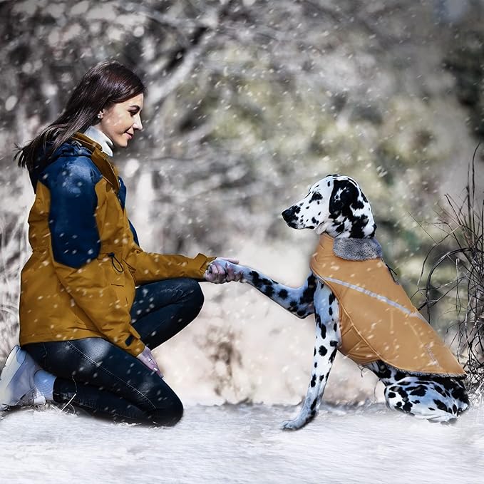 VIVAGLORY Snowrap Dog Coat, Jacket with Harness Hole & Velcro Closure, Dog Coat for Winter & Cold Weather, Fluffy Warm Fleece Lined Reflective Water Resistant for Puppy, XXS, Khaki