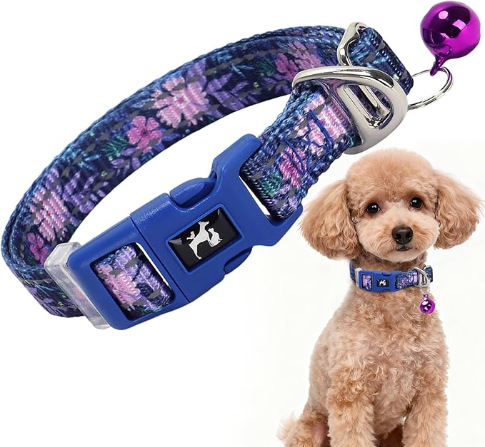 Floral Small Dog Collar with Bell for Small Dogs, Adjustable Flower Print Collar for Chihuahua Pomeranian, Reflective Soft Comfort Tiny Dog Collar (Small)