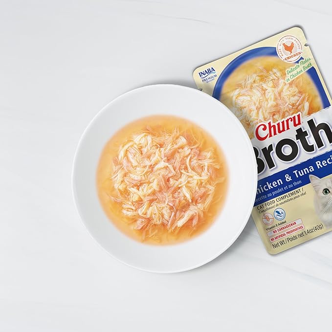 INABA Churu Broth for Cats, Side Dish Pouch, 1.4 Ounces per Pouch, 12 Pouches, Chicken with Salmon Recipe