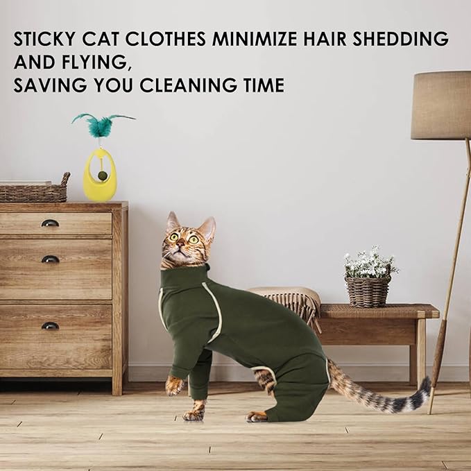 Cat Pajamas - Army Green, L - Prevents Hair Loss, Sticky Hair Clothes, Sphynx Clothes, Anti-Licking or Skin Disease Recovery Suit for Female Cats, Pet Apparel Onesie
