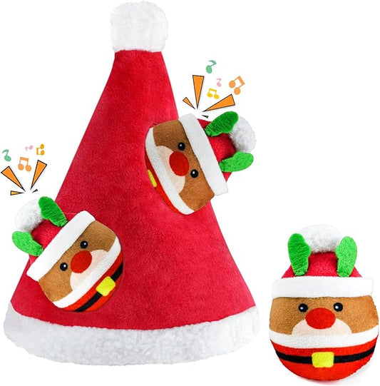 Christmas Squeaky Dog Toys - 4 Pack Hide and Seek Dog Toys - Plush Toys Christmas Hat for Puppy, Small, Medium Breeds