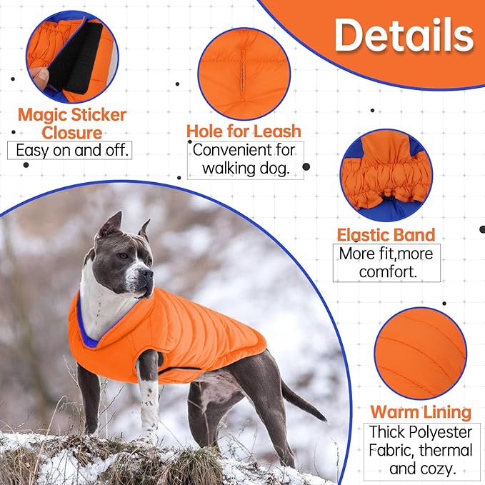 Lelepet Reversible Dog Coat Waterproof Dog Jacket Windproof Puffer Vest for Winter Warm Lightweight Coats for Large Dogs Adjustbale Hook & Loop Pet Apparel with Leash Hole, Pitbull, Orange, XL