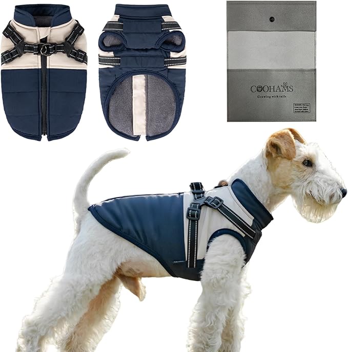 Dog Winter Coat for Small & Medium Dogs (Up to 31lb), Waterproof Dog Coat with Harness, Puppies Windproof Puppy Puffer Jacket, Snowsuit for Dachshund,Frenchie, Corgi (Classic Blue, Medium)