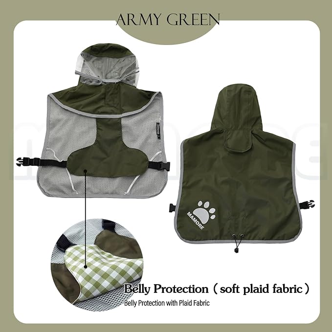 MAMORE Dog Raincoat Hooded Rain Jacket for Small Medium Large Dogs Slicker Poncho Bottom Waterproof Adjustable Reflective Breathable Leash Hole (Army Green, Small)