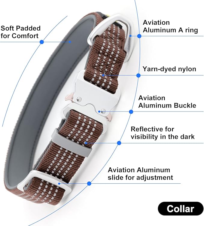 Plutus Pet Reflective Dog Collar with Aviation Aluminum Buckle, Neoprene Padded for Comfort, Lightweight, Heavy Duty Nylon Collar for Puppy Small Medium Large Dogs (Chocolate, S)