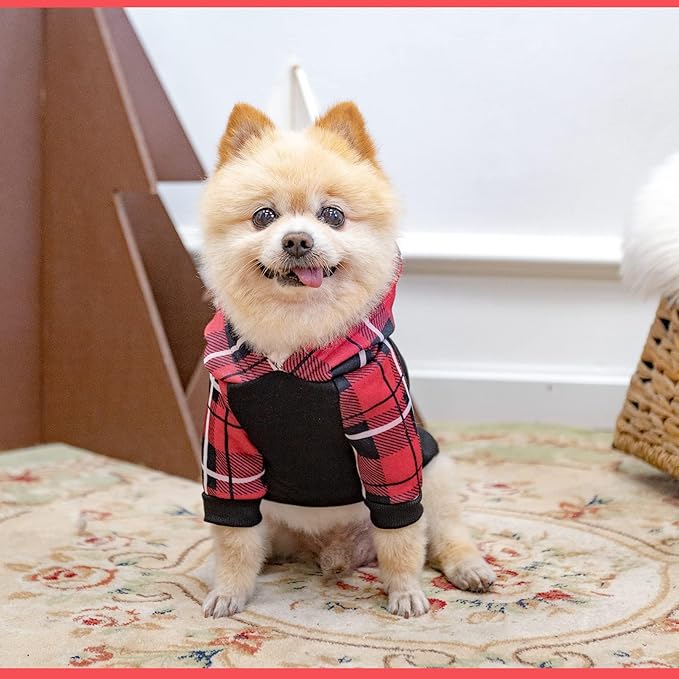KOOLTAIL Plaid Dog Hoodie Pet Clothes Sweater with Hat and Pocket for Small Medium Large Size Dogs, Soft Winter Warm Dog Cold Weather Coat, Fleece Fall Dog Hooded Sweatshirt for Puppy Cats, Red M