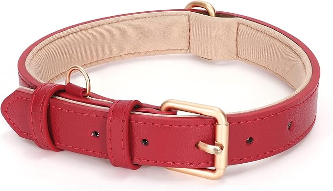 WHIPPY Leather Dog Collar for Small Medium Large Dog Adjustable Soft Breathable Leather Padded Puppy Collar with Alloy Buckle Heavy Duty Waterproof Classic Dog Pet Collar,red,L