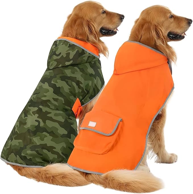 HDE Reversible Dog Raincoat Hooded Slicker Poncho Rain Coat Jacket for Small Medium Large Dogs Camo/Orange - 3XL