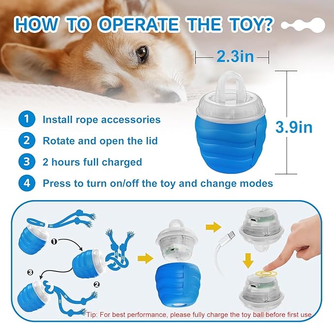 Interactive Dog Ball for Medium/Large Dogs, Automatic Moving Dogs Toy Wicked Ball for Boredom & Training, Play Music, USB Rechargeable(Blue)