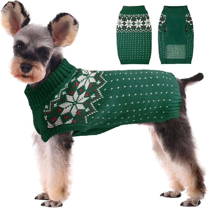 Kuoser Dog Sweater, Holiday Christmas Snowflake Pet Warm Knitwear Dog Sweaters Soft Puppy Clothing, Doggie Turtleneck Cold Weather Outfit Pullover for Small Medium Large Dogs Cats, Green XS