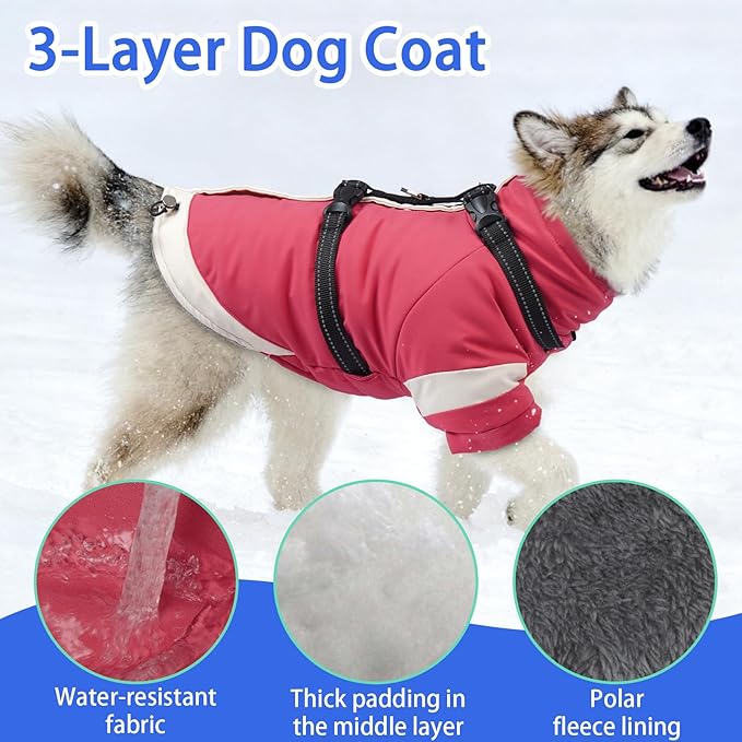 MIGOHI Dog Coat with Harness Built in, 2-in-1 Windproof Dog Winter Jacket, Thermal Reflective Snowsuit with Turtleneck, Back Zipper Fleece Coat for Small Dogs, Yorkshire Terrier, Pink, S