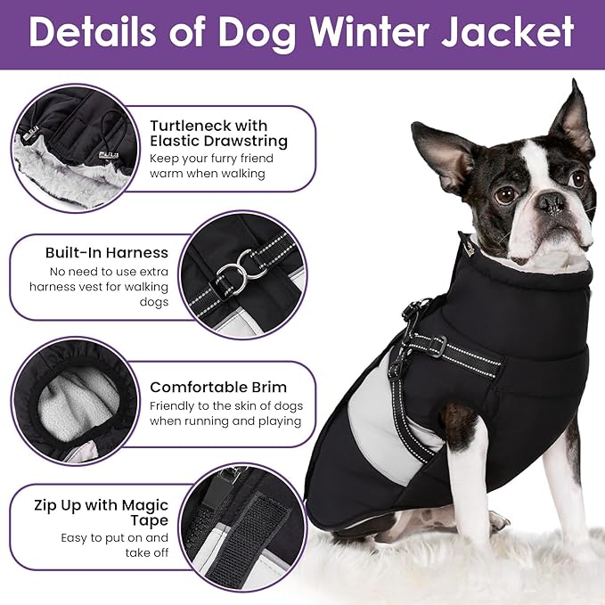 SUNFURA Dog Coat for Large Dogs, Warm Pet Jacket Winter with Harness Built in, Waterproof Pet Snow Jacket with Furry Collar, Reflective Fleece Snowsuit for Extra Large Dogs, Black XL