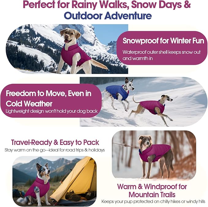 QBLEEV Reversible Dog Coat for Large Dogs, Waterproof Windproof Winter Jacket Keeps Big Breeds Warm & Dry, Adjustable Hook & Loop Puffer Vest, Purple, 3XL – Fits Labrador, Weimaraner, Great Dane
