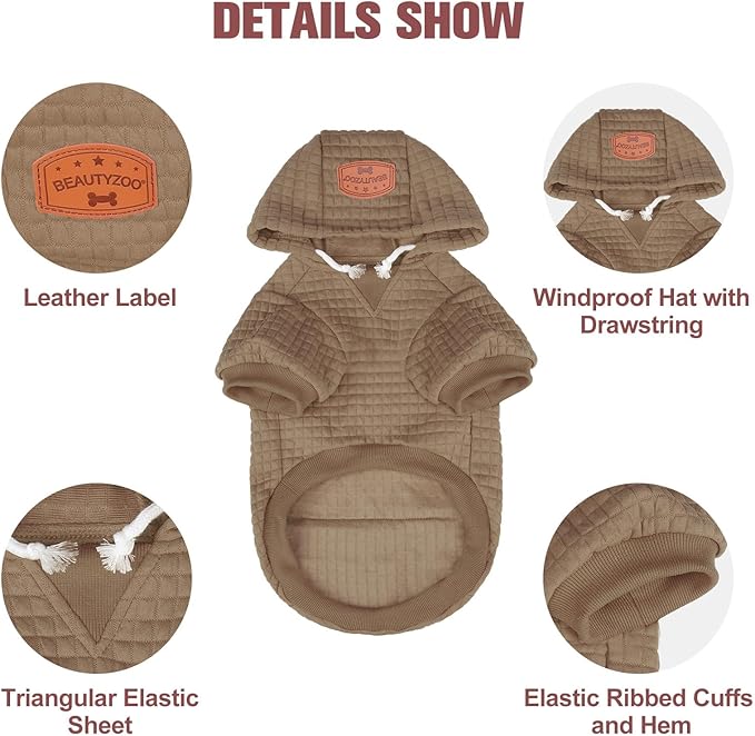 BEAUTYZOO Small Dog Hoodie Sweater with Pockets, Dog Clothes for Small Medium Dogs Boy Girl, Waffle-Like Laminated Cotton Pet Coats with Hat and Leash Hole, Khaki M