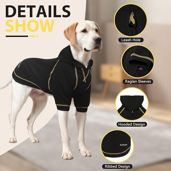 Basic Dog Hoodie Sweatshirts, Pet Clothes Hoodies Sweater with Hat and Leash Hole, Soft Cotton Outfit Coat for Large Medium Small Dogs, Black (X-Large)