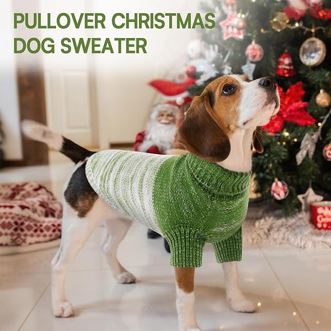 Queenmore Pullover Large Dog Sweater,Classic Turtleneck Warm Pet Sweater with Leash Hole for Dog Girls Boys,Winter Knitwear Clothes for Dachshund,Corgi,French Bulldog(Green,L)