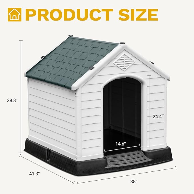 DWVO Plastic Dog House, Weatherproof Outdoor/Indoor Doghouse, Puppy Kennel with Air Vents and Elevated Floor