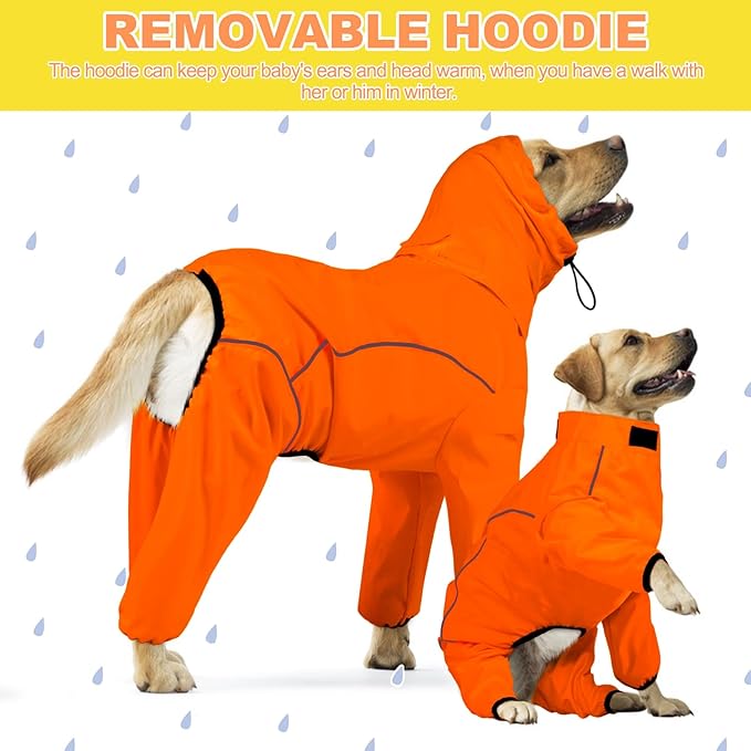 Dog Raincoat, Waterproof Dog Rain Jacket with Removable Hood，Adjustable 4 Legs Pet Poncho with Leash Hole，Reflective Stripe Hooded Snowproof Windproof Clothes for Small to 3X-Large Dogs, 2XL