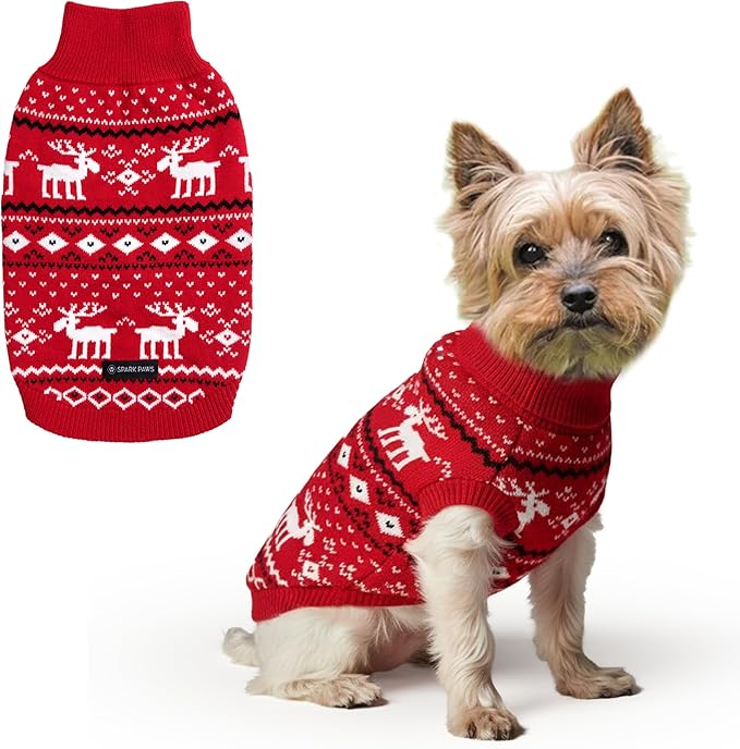 Spark Paws Christmas Dog Sweater – Ultra Soft Holiday Knit Sweater for Small, Medium & Large Dogs, Cute Pet Sweater for French Bulldogs & Big Dogs, Easy Potty V Cut Design Jacket - (Dasher Red,S)