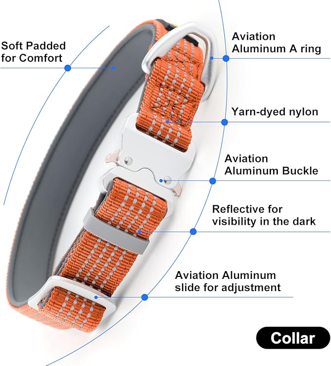 Plutus Pet Reflective Dog Collar with Aviation Aluminum Buckle, Neoprene Padded for Comfort, Lightweight, Heavy Duty Nylon Collar for Puppy Small Medium Large Dogs (Orange, L)
