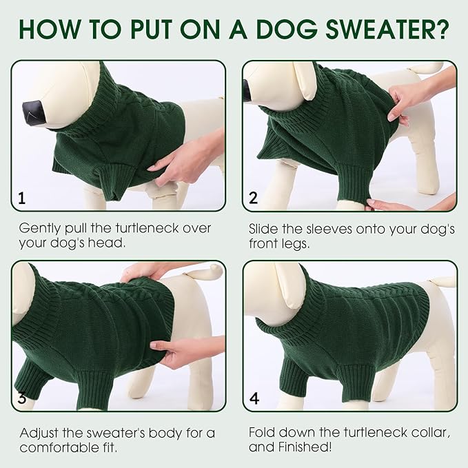 Dog Sweaters for Medium Dogs Classic Turtleneck Dog Christmas Sweater Thick Warm Pullover Male Puppy Pet Stretch Knitwear Fall Winter Clothes with Leash Hole(Green, M)