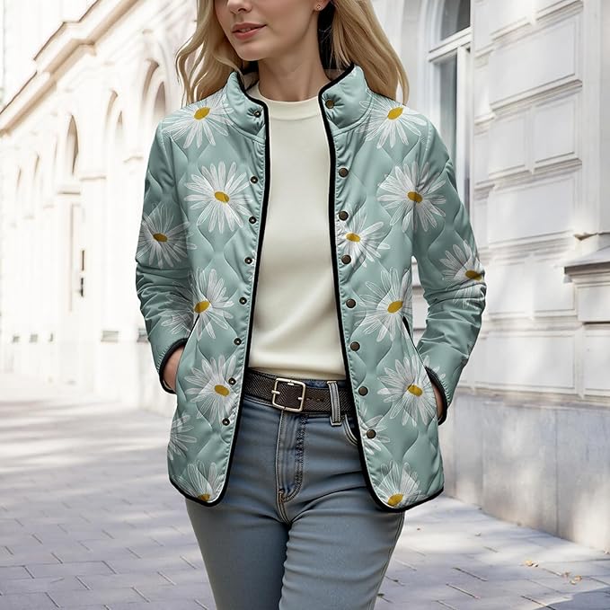 LIZALIG Women's Cropped Puffer Jacket Lightweight Floral Print Long Sleeve Padded Quilted Puffy Cardigan Coat