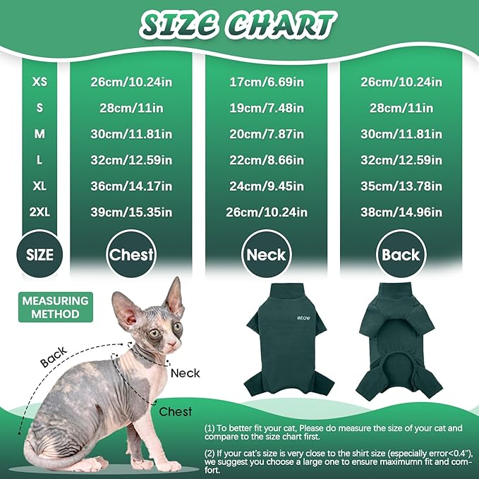 ROZKITCH Pajamas for Cats, Breathable Cat Sweaters for Cats Only, Pet Coat with Four Legs, Warm Sweater T-Shirt Pajamas Jumpsuit Vest Cornish Rex Devon Rex Peterbald DarkGreen S