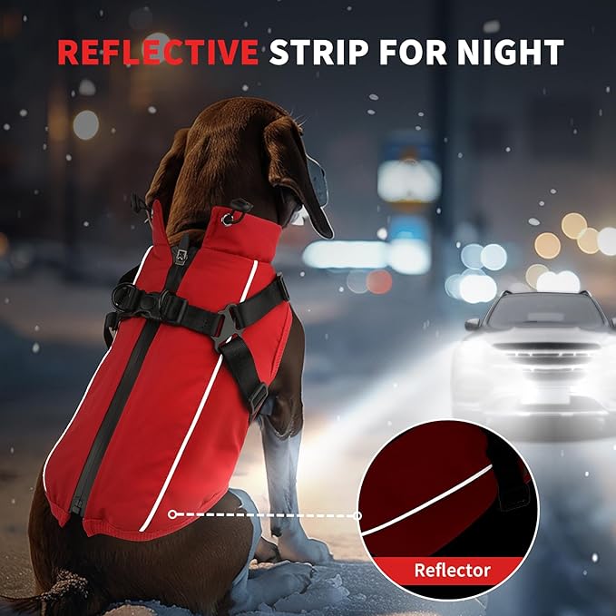 Dog Winter Coat Reflective Water-Resistant Jacket, Fleece Lined Windproof Puppy Coat with Back Zipper & D-Ring, Cold Weather Dog Coats for Small Medium Large Dogs (XXL, Red)