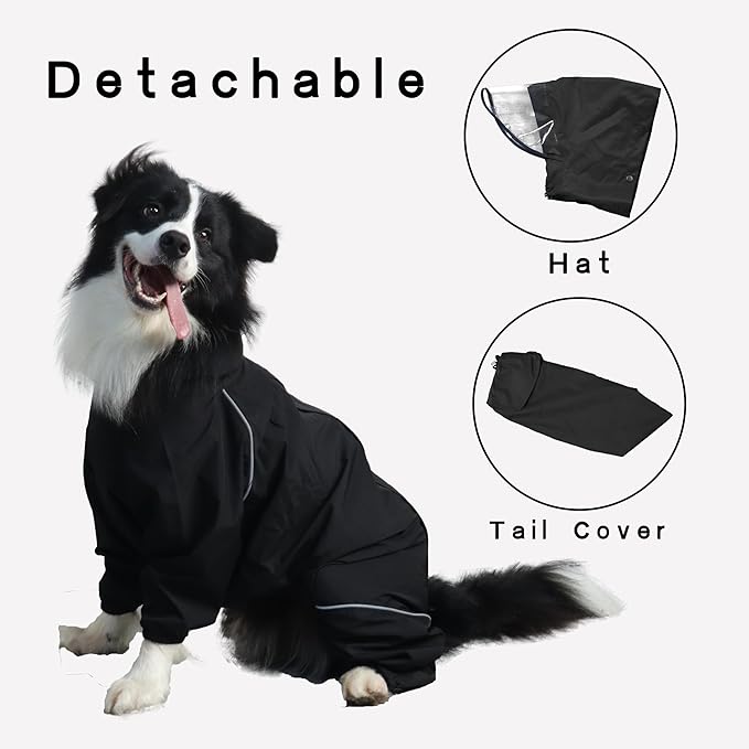 Dog Raincoat for Medium Large Dogs,rain Jacket Coat, Full Leg Coverage Waterproof Rain Suit with Detachable Hood & Tail, Reflective Strips, Snag-Free Top Zipper (Black for Boy, Small)