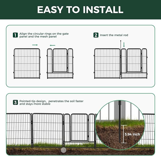 FXW Garden Fence Outdoor for The Yard – 50in(H) x 10.4ft(L) Heavy Duty Metal Animal Barrier for Dog and Rabbit, Decorative Dog Fence, 4 Panels, Black