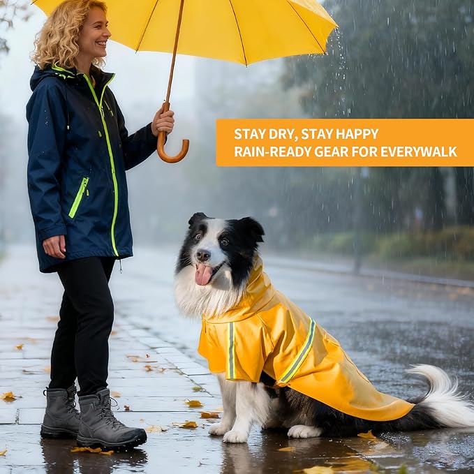 Dog Raincoat, Waterproof Windproof Dog Rain Jacket Adjustable, Rain Coat with Leash Hole, Reflective Strap Raincoat Poncho for Small Medium Large Dogs Outdoor (Reflection-Yellow, Medium)