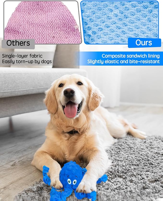 Squeaky Dog Toys, Interactive Plush Stuffed Octopus Tug of War Toy, Plush Crinkle Dog Chew Toys to Keep Them Busy, Funny Dog Toys for Small, Medium & Large Dogs - Blue