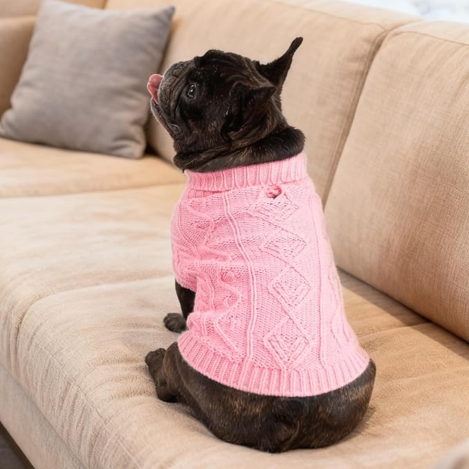 PUPTECK Dog Sweater, Turtleneck Warm Knitted Pullover Coat, Thick Cable Knitwear Clothes in Winter, Pet Apparel Outfits for Small Medium Dogs, for Cold Weather Indoor & Outdoor, Pink S