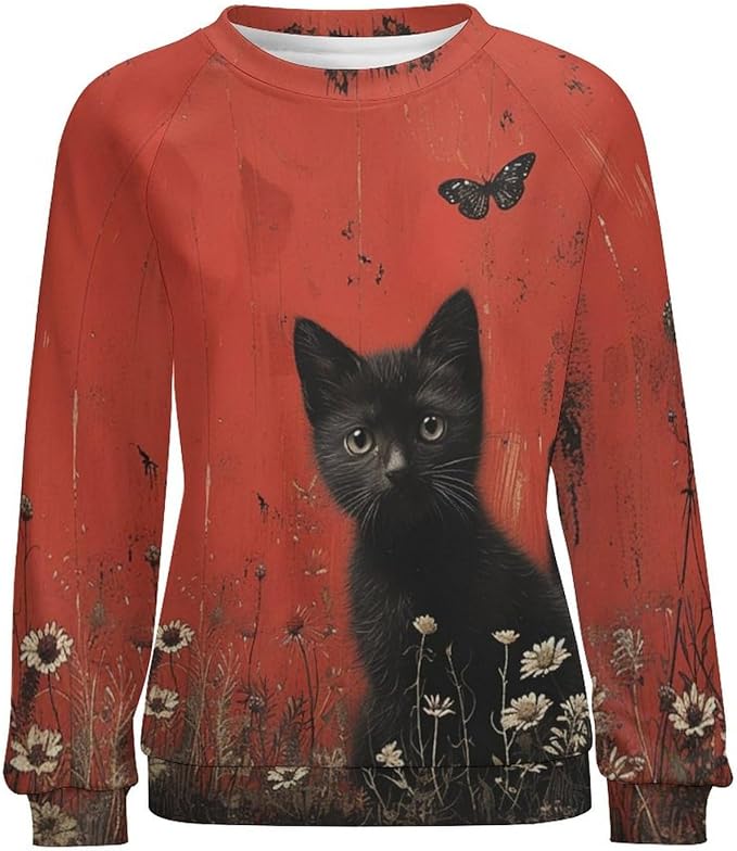 Long Sleeve Shirts for Women Cat Oil Painting Shirt 3D Graphic Sweatshirts Fall Pullover Crewneck Vintage Boho Tops