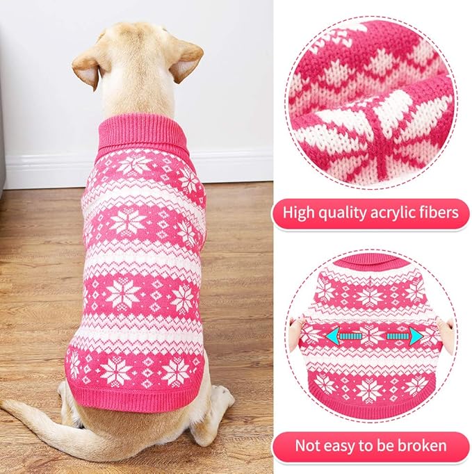 KOOLTAIL Cable Knit Dog Sweater Turtleneck, Cold Weather Pullover Classic Knitwear, Snowflake Pattern Thick Warm Winter Pet Clothes, Dog Christmas Sweater for Small Medium Large Dogs Girl, Pink L