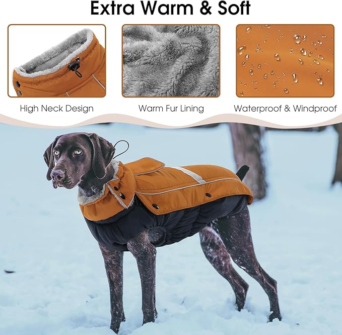 Queenmore Waterproof Dog Coat for Small Dogs,Reflective Windproof Dog Jackets with Leash Hole,Winter Dogs Coat with Zipper On Back,Warm Snowsuit with Fleece Lining（Brown,S