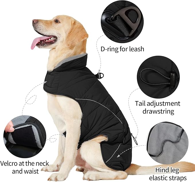 HEYWEAN Dog Winter Coat - Waterproof Windproof Reflective Vest for Medium & Large Breeds Adjustable Warm FleeceLined Jacket with Magic Tape & D-Ring for Leash Cold Weather Apparel (Black, XX-Large)