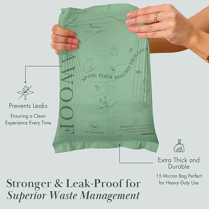 Nina Woof Eco-Friendly 92% Plant-Based Dog Poop Bags Rolls -270 Extra Thick, Durable, Leak-Proof, Odorless, Convenient Disposal - USDA Certified, Heavy-Duty Trash Bags and Garbage Bags