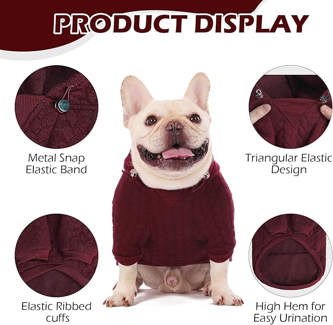 EXPAWLORER Textured Cable Knit Basic Dog Hoodie, Elevated Style Dog Sweater with Leash Hole and Pocket, Soft and Warm Pet Winter Coat, Cold Weather Clothes for Small Medium Large Dogs,Wine Red L