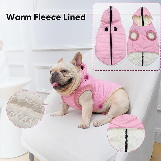 Fleece Lining Dog Hoodie with Harness Built in,Extra Warm Small Dog Jacket in Winter Puppy Coats with Hooded,Light Pink S