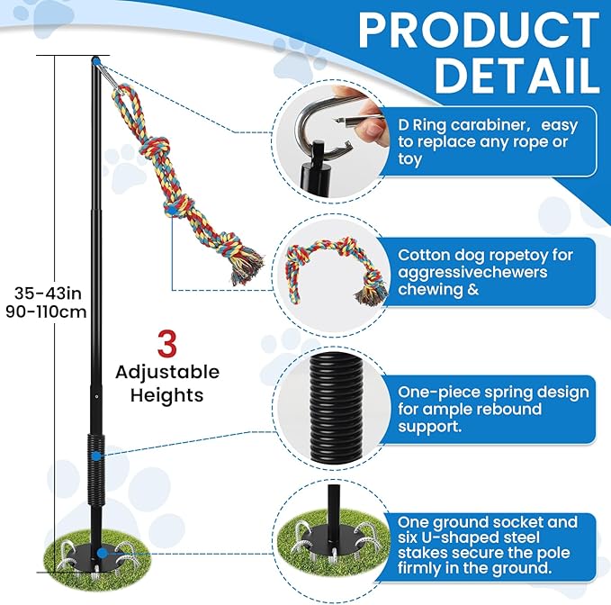 Tether Tug Outdoor Dog Toy, Interactive Exercise Game in Yard Park Tug of War with Chew Rope Toy for Small Medium Large Dogs, Adjustable Dog Stake Toy to Pull Chase and Solo Play